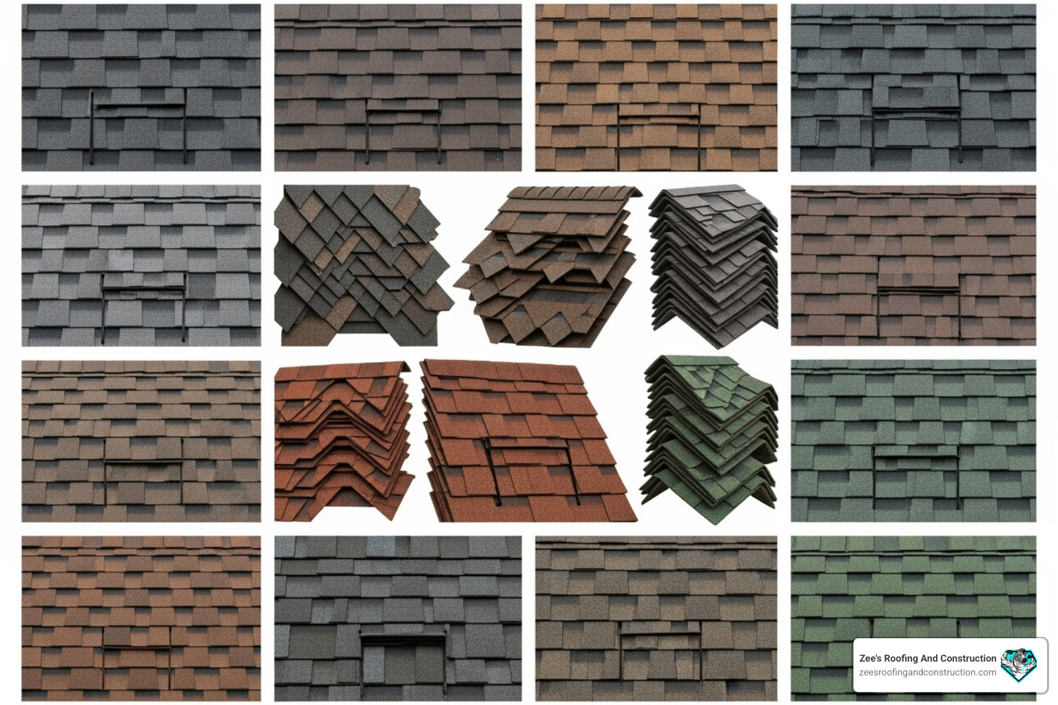 collage of asphalt shingle colors and styles - asphalt shingle roofs