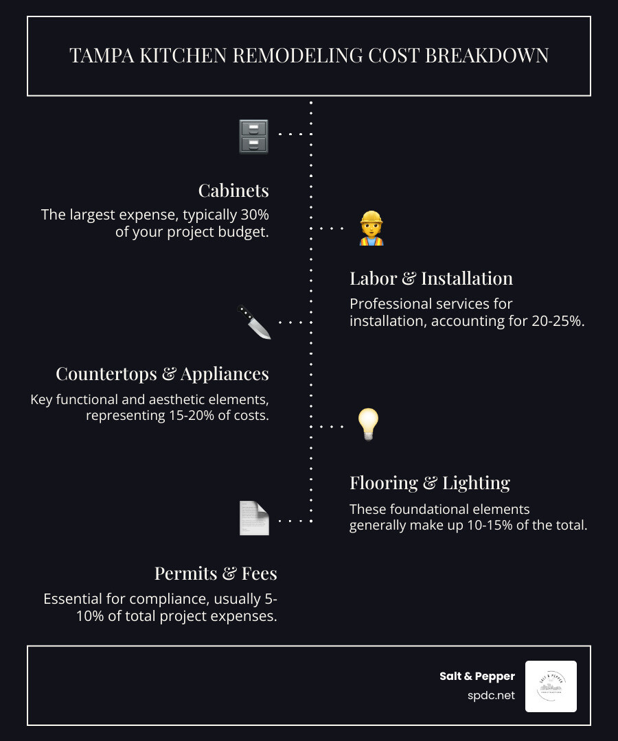 infographic showing kitchen remodeling costs breakdown in Tampa FL with 30% for cabinets, 20-25% for labor, 15-20% for countertops and appliances, 10-15% for flooring and lighting, and 5-10% for permits and fees, plus timeline showing 2-4 weeks for design, 4-6 weeks for permitting, and 4-8 weeks for construction - kitchen remodeling tampa fl infographic infographic-line-5-steps-dark infographic showing kitchen remodeling costs breakdown in Tampa FL with 30% for cabinets, 20-25% for labor, 15-20% for countertops and appliances, 10-15% for flooring and lighting, and 5-10% for permits and fees, plus timeline showing 2-4 weeks for design, 4-6 weeks for permitting, and 4-8 weeks for construction - kitchen remodeling tampa fl infographic infographic-line-5-steps-dark