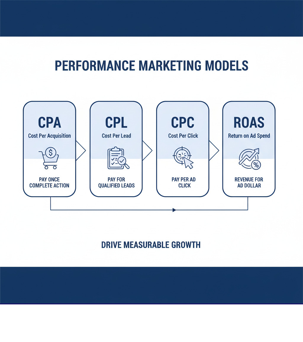 Infographic showing four performance marketing models: CPA (Cost Per Acquisition) where you pay only when someone completes a desired action like a purchase or sign-up; CPL (Cost Per Lead) where you pay for each qualified lead generated; CPC (Cost Per Click) where you pay each time someone clicks your ad; and ROAS (Return on Ad Spend) which measures revenue generated for every dollar spent on advertising - Performance marketing company infographic Infographic showing four performance marketing models: CPA (Cost Per Acquisition) where you pay only when someone completes a desired action like a purchase or sign-up; CPL (Cost Per Lead) where you pay for each qualified lead generated; CPC (Cost Per Click) where you pay each time someone clicks your ad; and ROAS (Return on Ad Spend) which measures revenue generated for every dollar spent on advertising - Performance marketing company infographic
