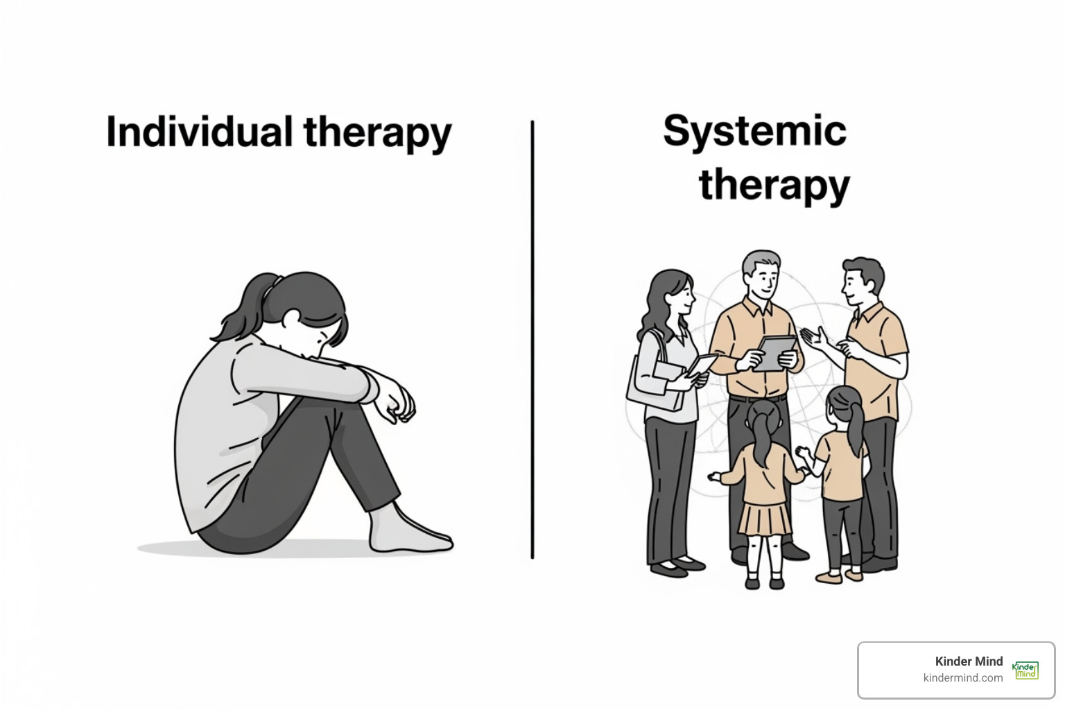 Simple diagram illustrating the difference between individual therapy (focus on one person) and systemic therapy (focus on interactions between people) - marriage family counselor near me