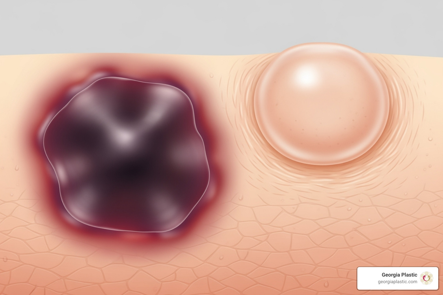 Illustration of a hematoma (dark bruise) next to a seroma (swollen, fluid-filled area) - mommy makeover surgery risks