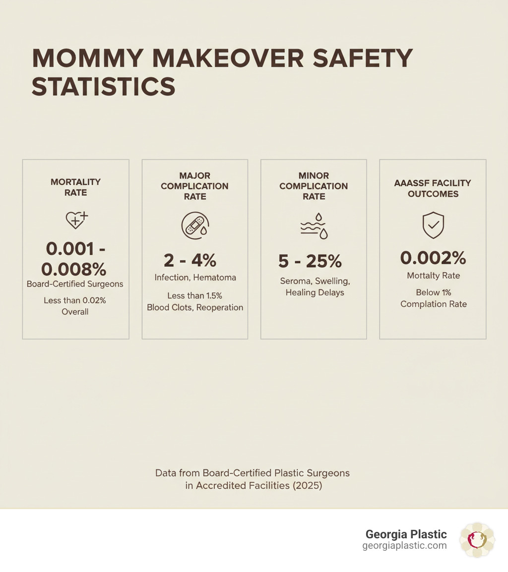 Infographic displaying key mommy makeover safety statistics: mortality rate, major complication rate, minor complication rate, and AAAASF facility outcomes - mommy makeover surgery risks infographic 