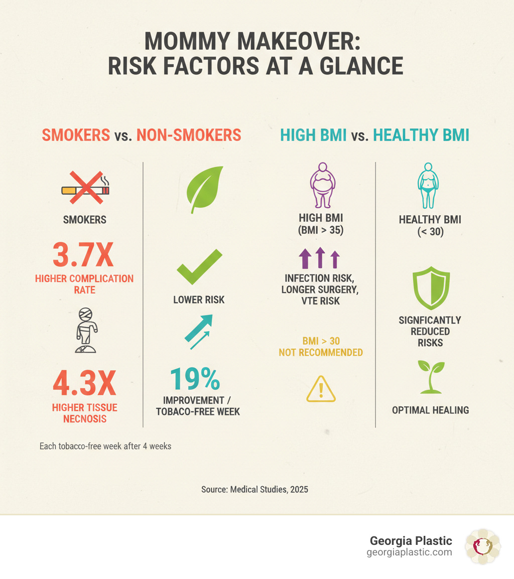 Infographic comparing mommy makeover complication rates for smokers vs. non-smokers and high BMI vs. healthy BMI patients - mommy makeover surgery risks infographic 