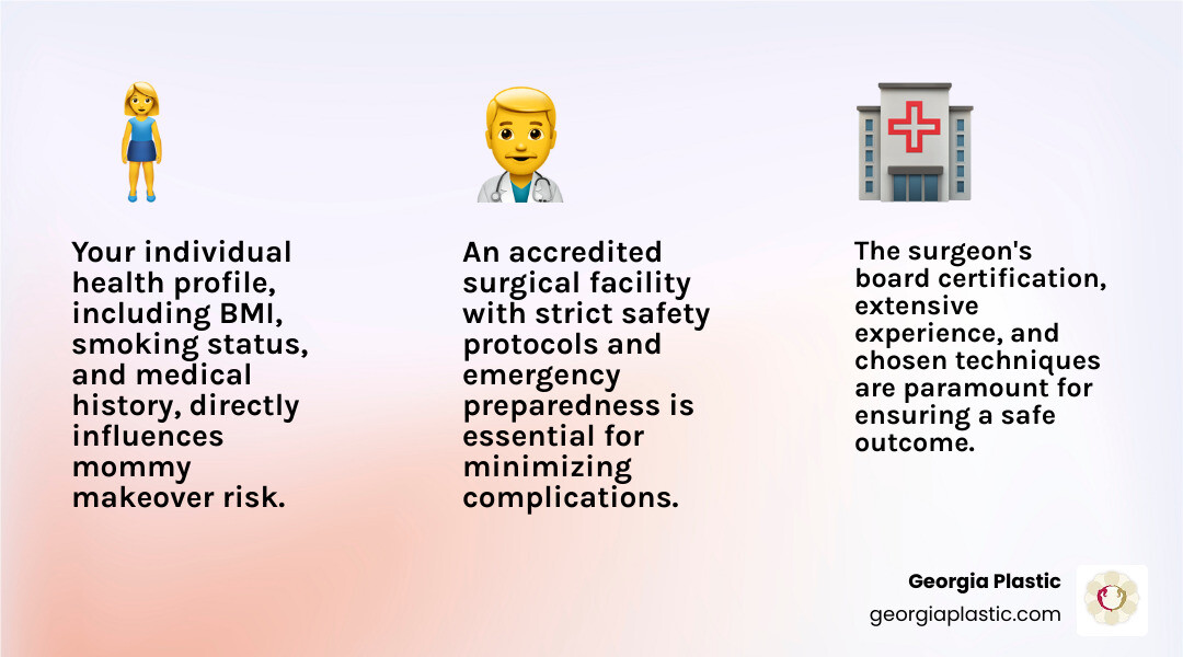 Infographic showing three circles labeled Patient Factors (BMI, smoking status, medical conditions, medications), Surgeon Factors (board certification, experience, surgical volume, techniques), and Facility Factors (accreditation status, safety protocols, emergency preparedness) all pointing to a central circle labeled Your Safety - mommy makeover surgery risks infographic 3_facts_emoji_light-gradient