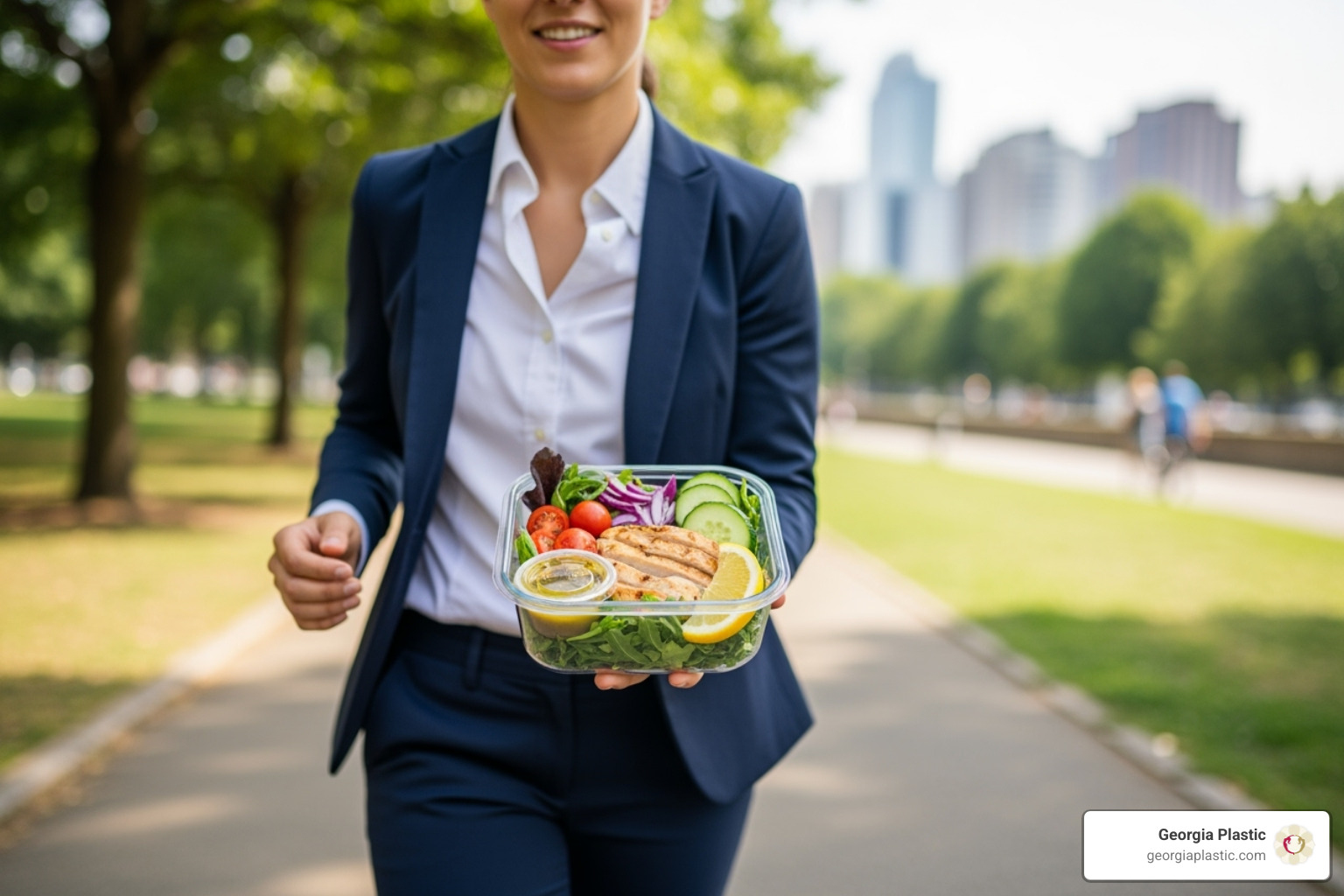 Image of a healthy meal and a person walking outdoors - mommy makeover surgery risks