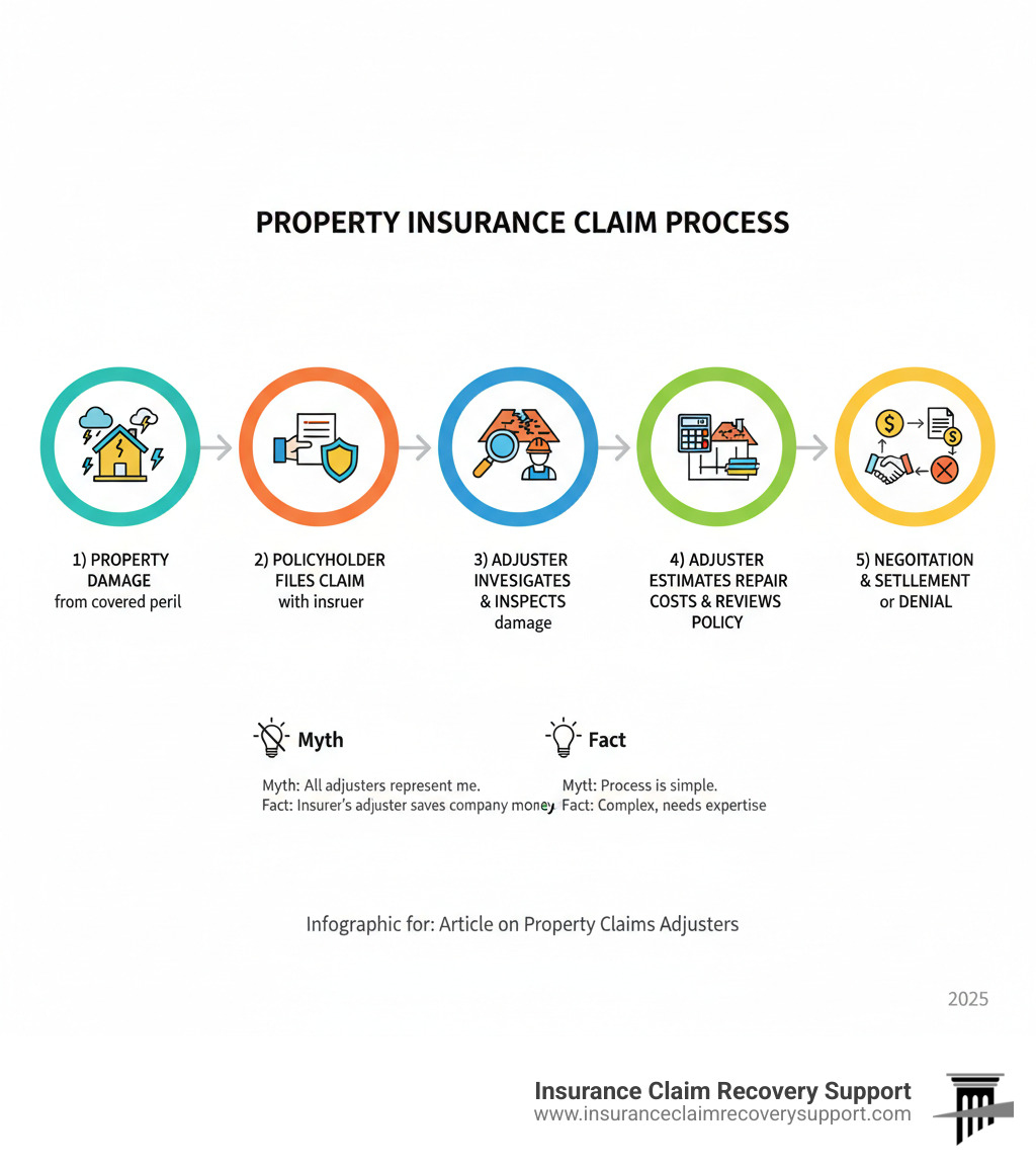 Infographic showing the property insurance claim process: 1) Property damage occurs from covered peril, 2) Policyholder files claim with insurance carrier, 3) Adjuster investigates and inspects damage, 4) Adjuster estimates repair costs and reviews policy coverage, 5) Negotiation and settlement or denial - property claims adjuster infographic 