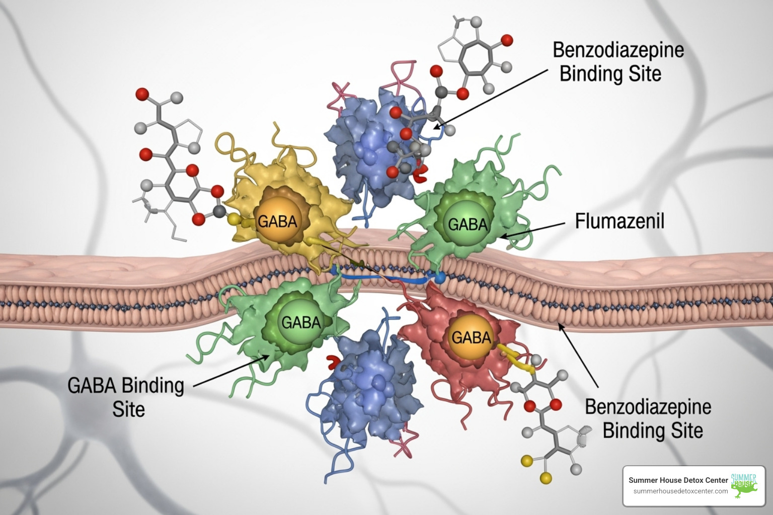 illustrating the brain's GABA receptors and how benzodiazepines and flumazenil interact with them - how does rapid detox for benzodiazepines work