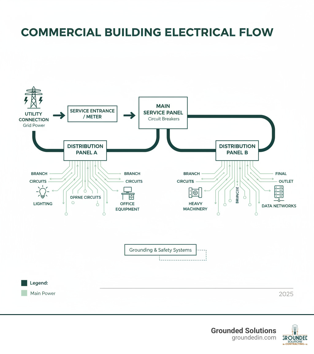 infographic showing the flow of electricity in a commercial building from utility connection through service panel, distribution panels, branch circuits, to final outlets and equipment - Commercial building wiring infographic 