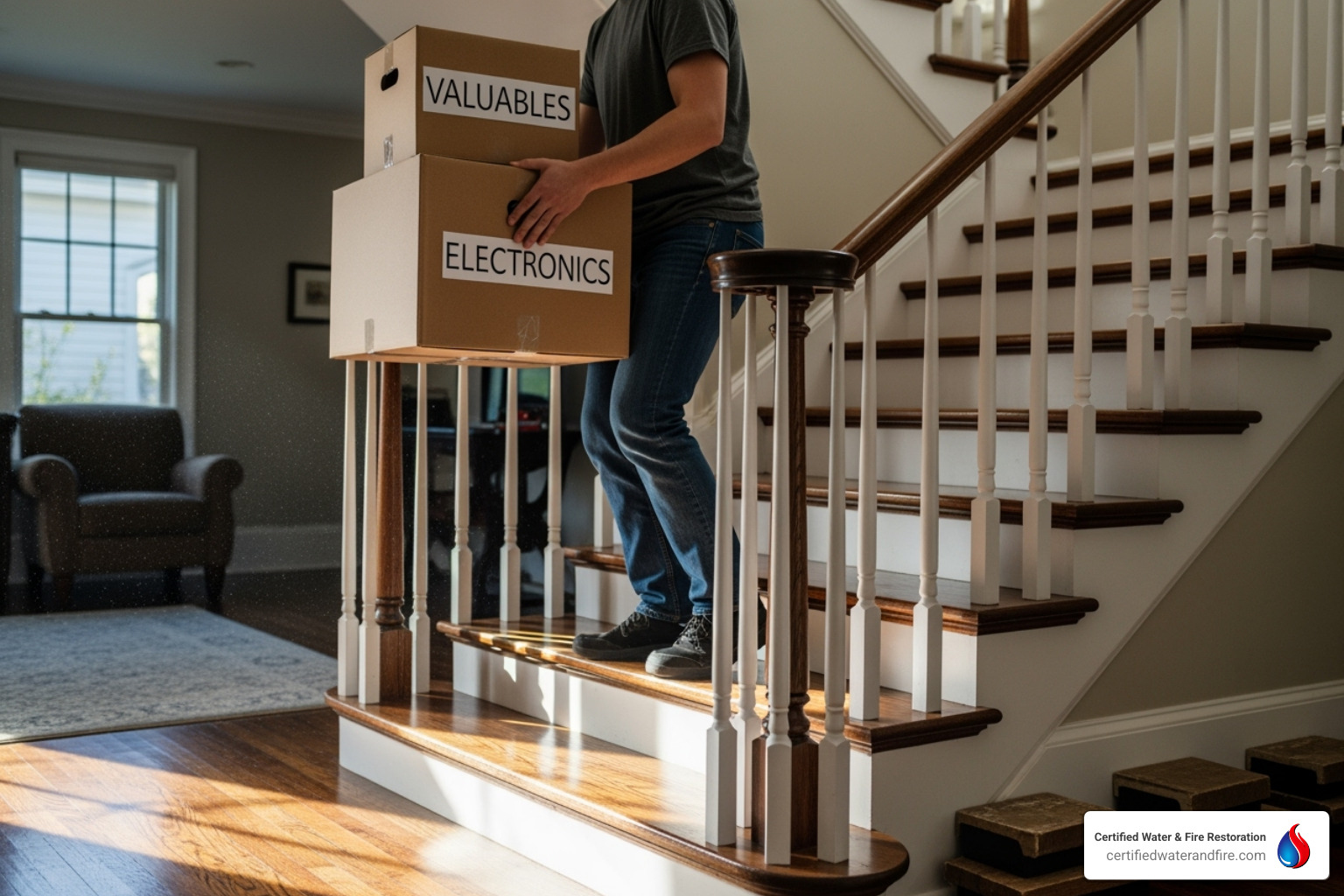 homeowner moving valuables and electronics to a higher floor - coastal flood advisory