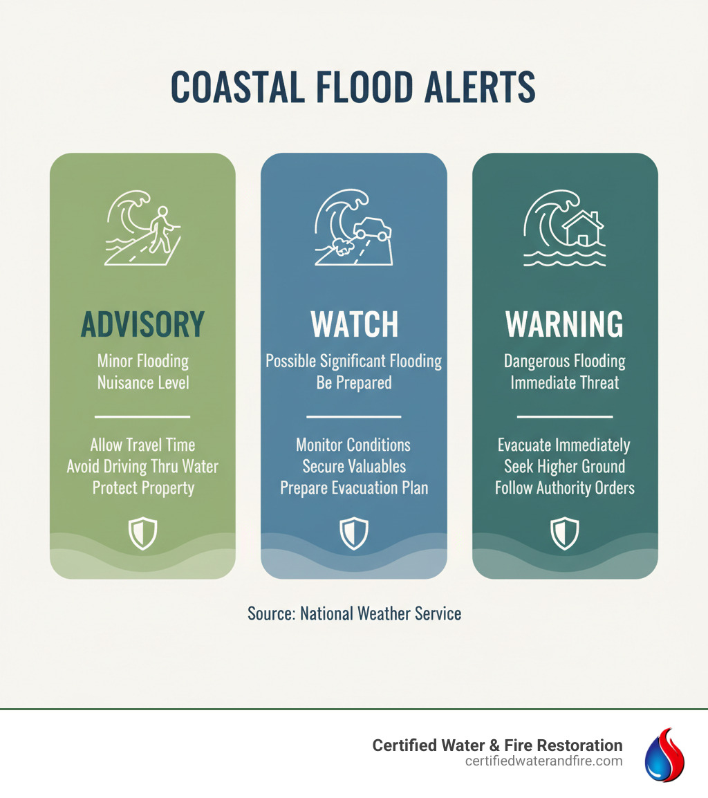infographic showing the three levels of coastal flood alerts with threat levels and recommended actions for Advisory, Watch, and Warning - coastal flood advisory infographic 