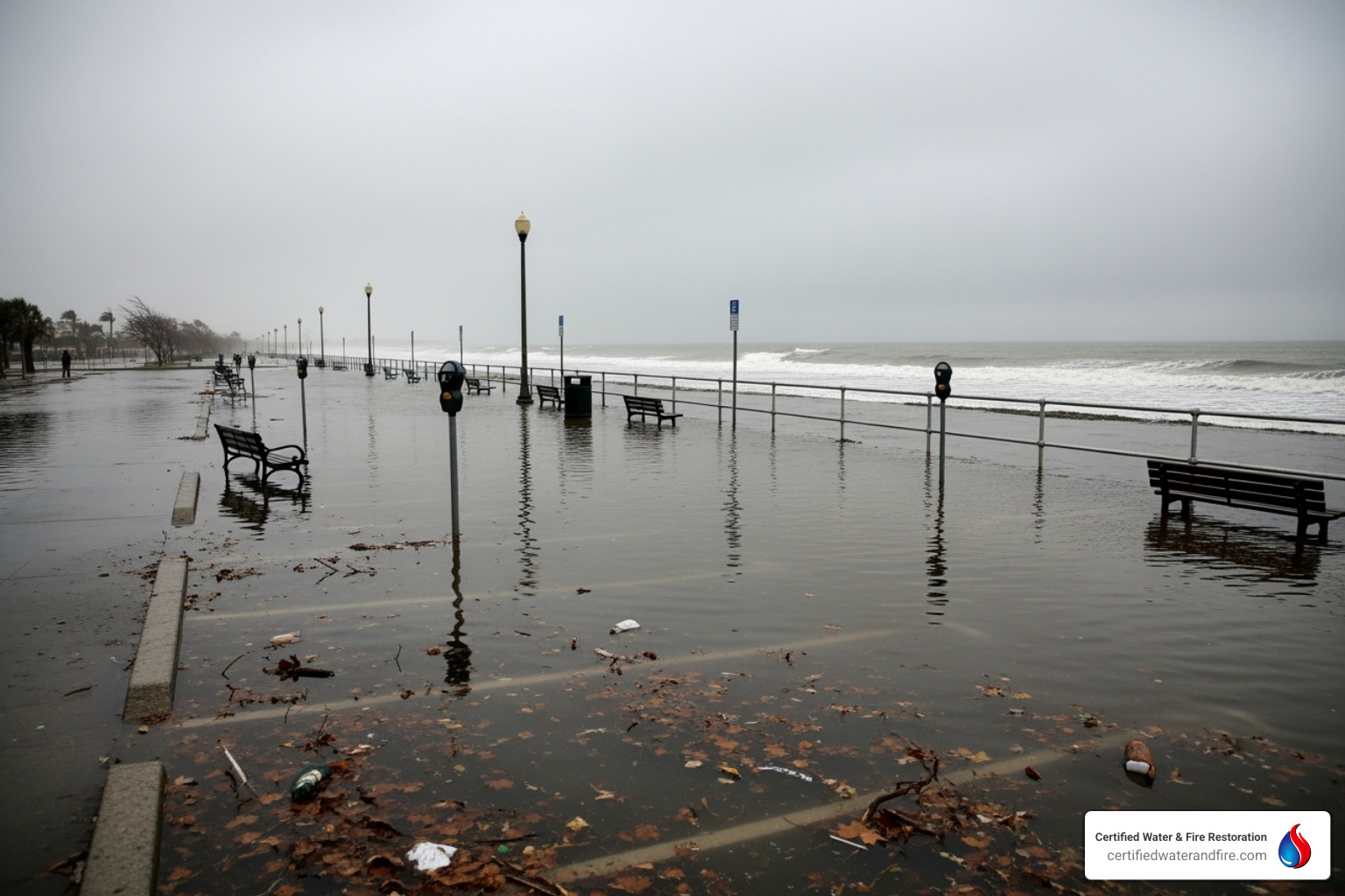 flooded coastal park or parking lot near a shoreline - coastal flood advisory