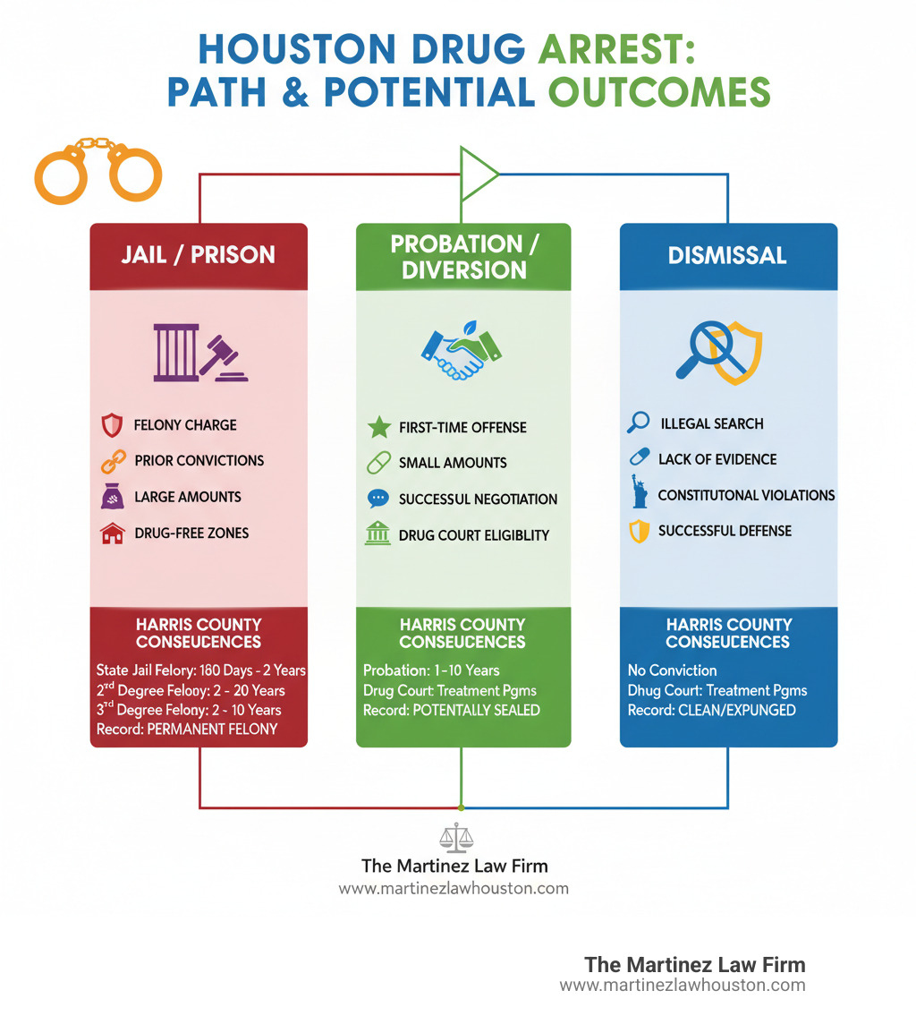 Infographic showing the path from drug arrest to potential outcomes in Houston: Initial Arrest leads to three branches - (1) Jail/Prison (factors: felony charge, prior convictions, large amounts, drug-free zones), (2) Probation/Diversion (factors: first-time offense, small amounts, successful negotiation, drug court eligibility), and (3) Dismissal (factors: illegal search, lack of evidence, constitutional violations, successful defense). Each outcome shows typical consequences including jail time ranges, probation terms, and record impacts specific to Harris County. - is jail common for texas drug possession infographic Infographic showing the path from drug arrest to potential outcomes in Houston: Initial Arrest leads to three branches - (1) Jail/Prison (factors: felony charge, prior convictions, large amounts, drug-free zones), (2) Probation/Diversion (factors: first-time offense, small amounts, successful negotiation, drug court eligibility), and (3) Dismissal (factors: illegal search, lack of evidence, constitutional violations, successful defense). Each outcome shows typical consequences including jail time ranges, probation terms, and record impacts specific to Harris County. - is jail common for texas drug possession infographic