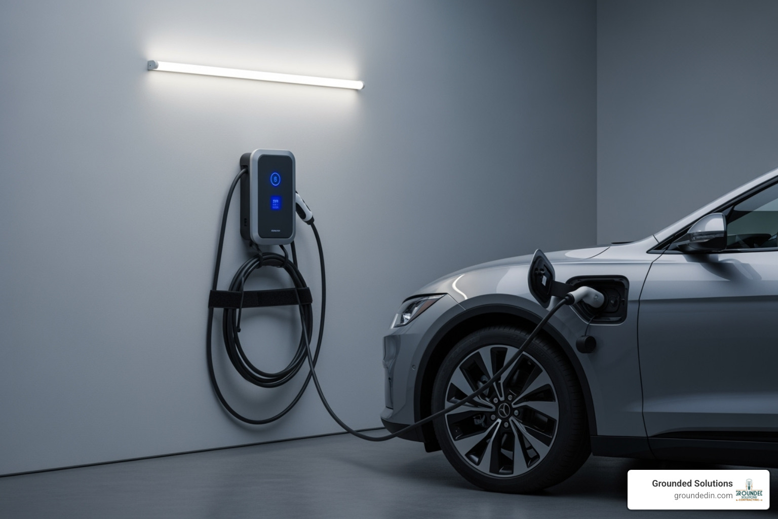 A neatly installed EV charger on a garage wall next to a car, showcasing a clean and professional setup - EV charger installation Franklin A neatly installed EV charger on a garage wall next to a car, showcasing a clean and professional setup - EV charger installation Franklin