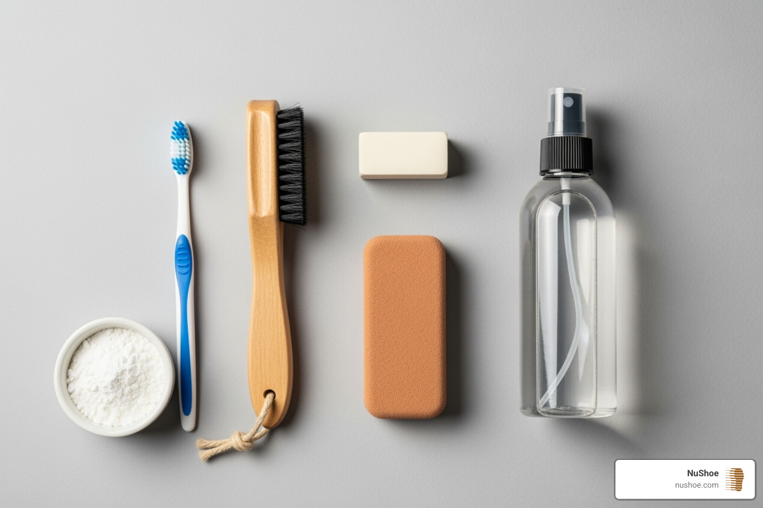 a suede care kit next to household alternatives like a toothbrush and cornstarch - clean suede shoes