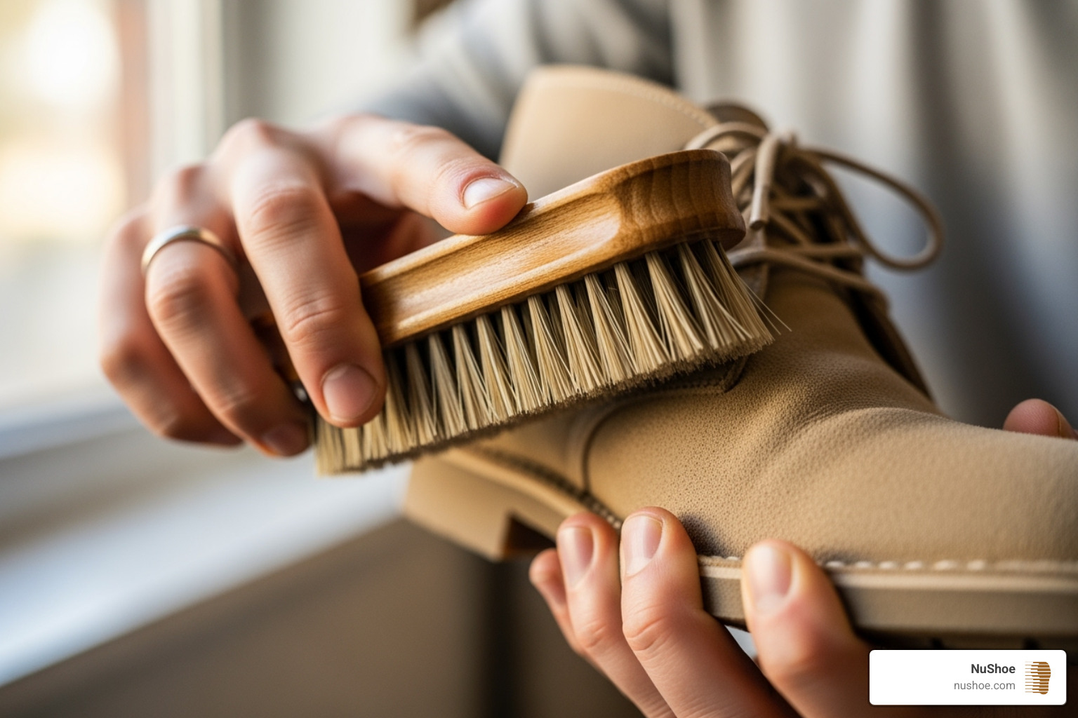 someone brushing a suede shoe - clean suede shoes