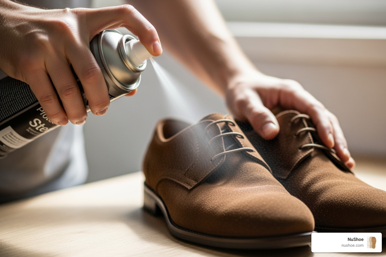 someone applying a protectant spray to suede shoes - clean suede shoes