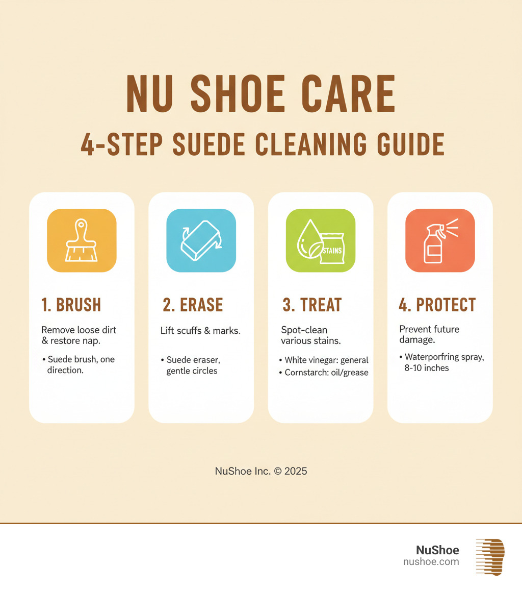 Infographic showing the four core steps to clean suede shoes: Step 1 - Brush away dirt with a suede brush in one direction to remove debris and restore nap. Step 2 - Erase scuffs using a suede eraser with gentle circular motions. Step 3 - Treat stains by spot-cleaning with white vinegar for general stains or cornstarch for oil and grease. Step 4 - Protect with waterproofing spray applied evenly from 8-10 inches away - clean suede shoes infographic 