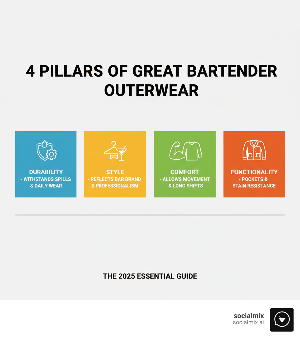 Infographic showing four pillars of great bartender outerwear: Durability - withstands spills and daily wear, Style - reflects bar brand and professionalism, Comfort - allows movement through long shifts, and Functionality - includes practical features like pockets and stain resistance - outerwear for bartenders infographic 