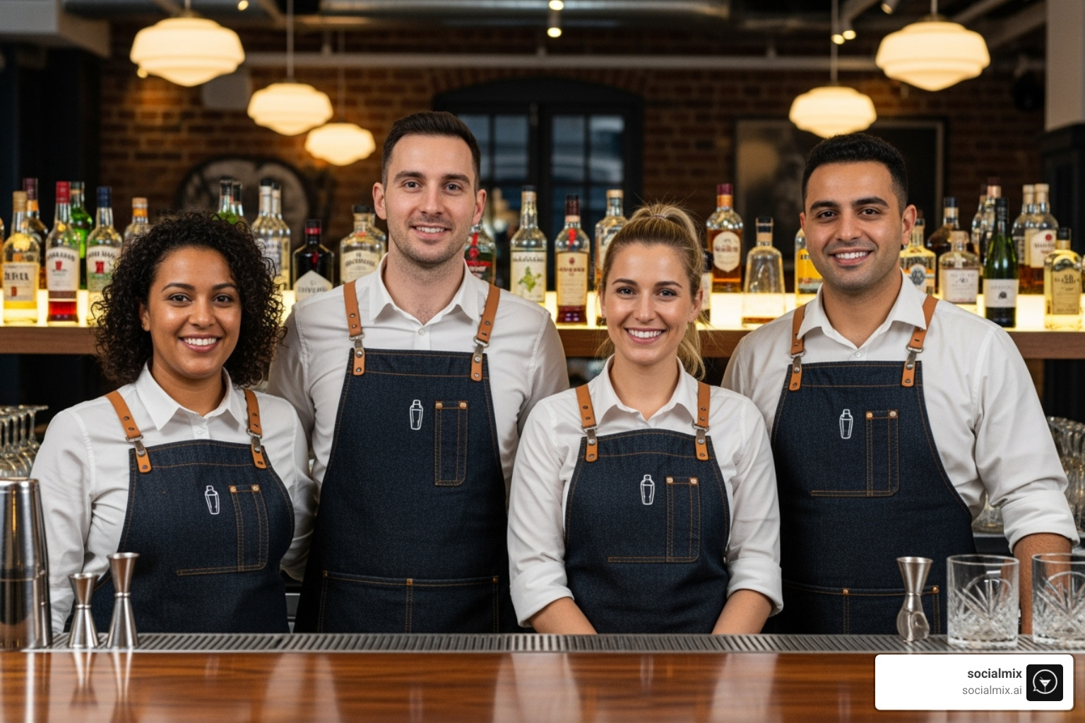 bar team with cohesive, branded uniforms smiling at the camera - outerwear for bartenders