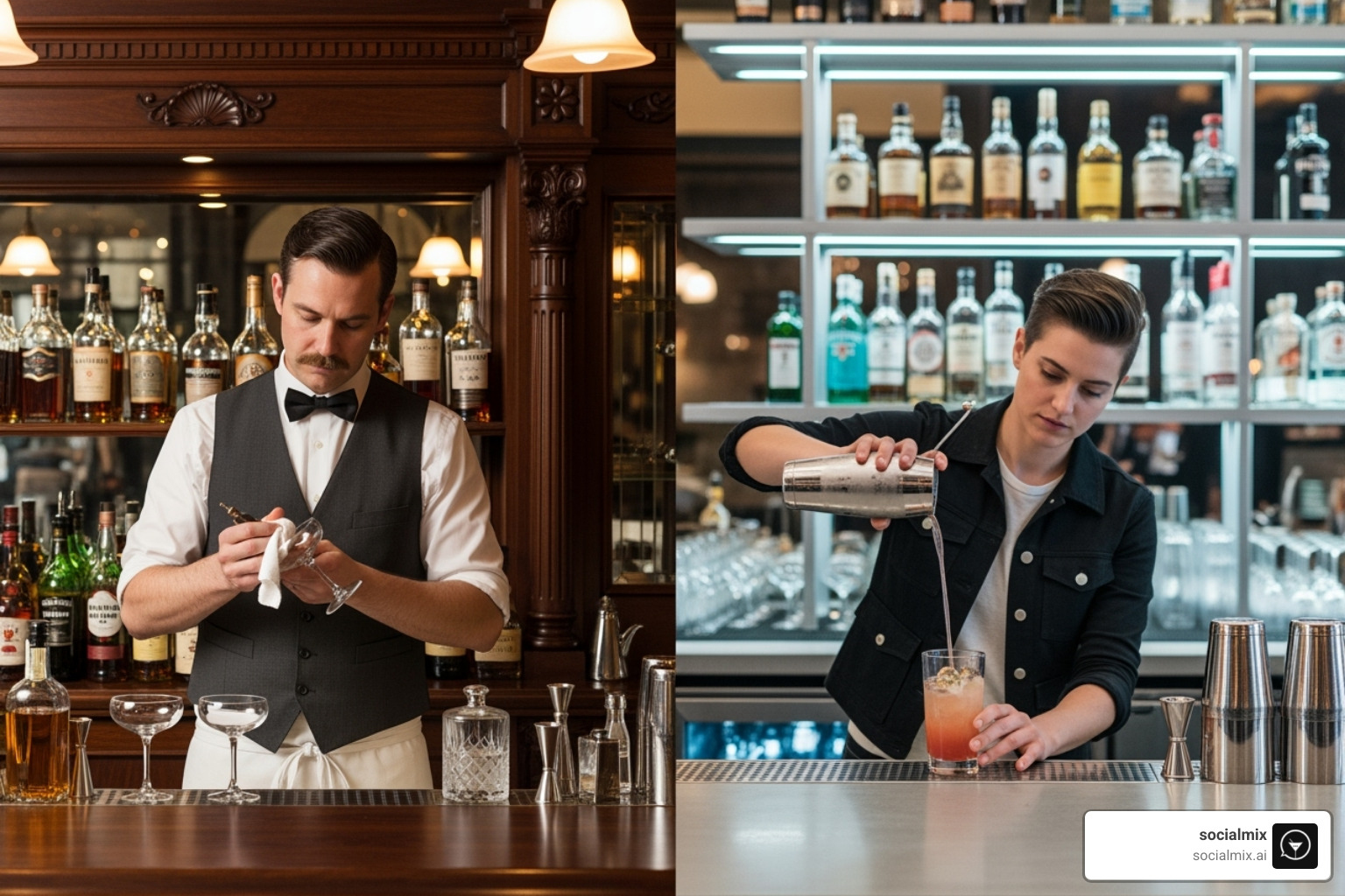 vintage-style bartender with a bow tie and vest contrasted with a modern bartender in a minimalist, functional jacket - outerwear for bartenders