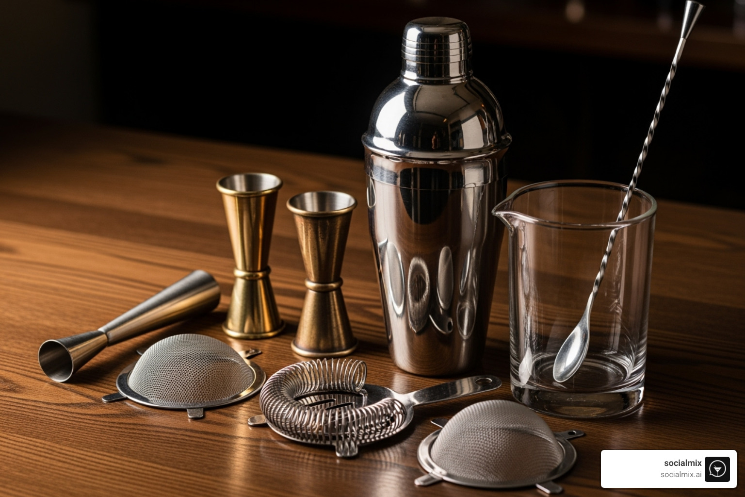 collection of bartender tools like shakers, jiggers, and strainers neatly arranged on a bar top - outerwear for bartenders