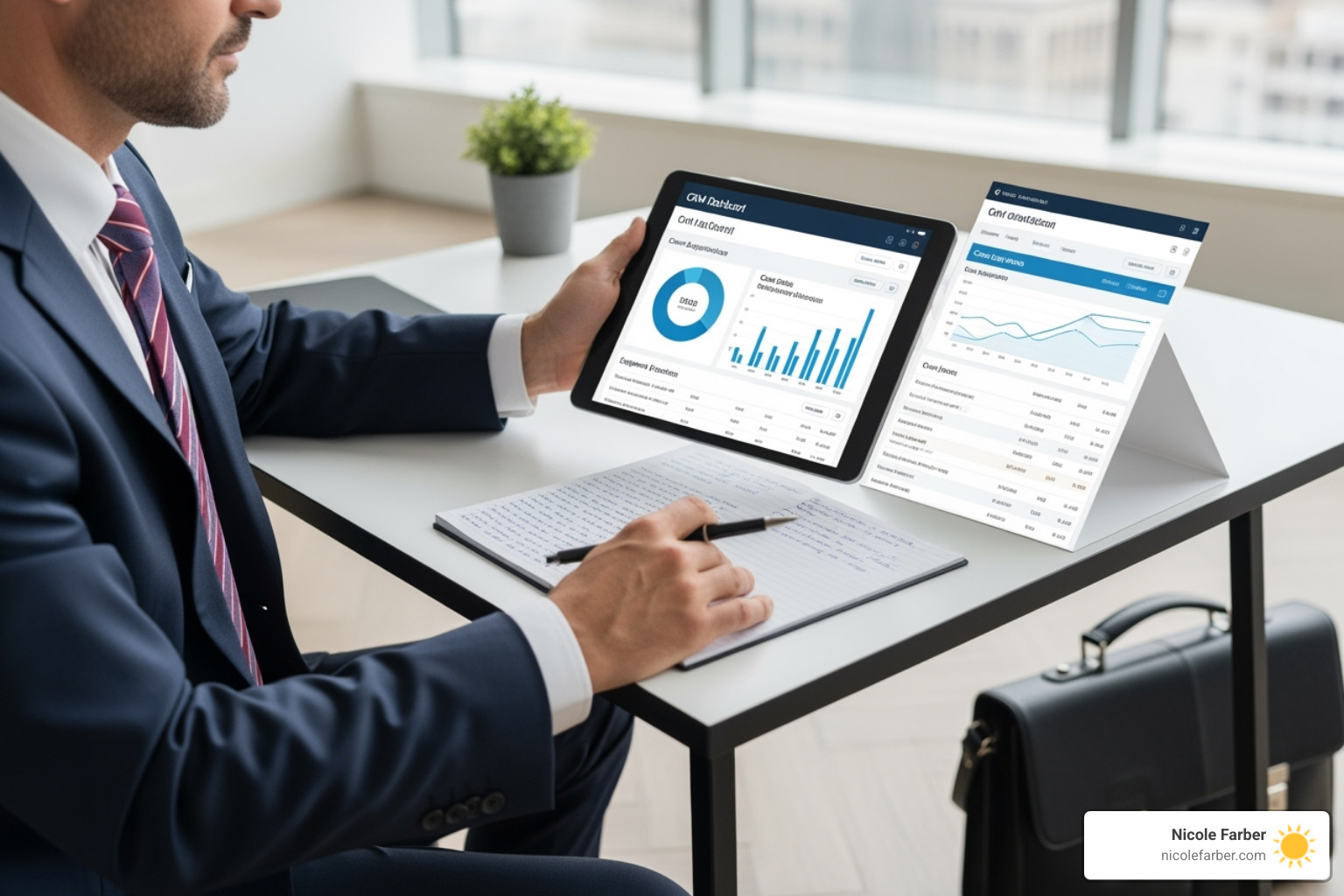 A lawyer using a CRM dashboard on a tablet, showing client data and engagement metrics. - law firm development A lawyer using a CRM dashboard on a tablet, showing client data and engagement metrics. - law firm development