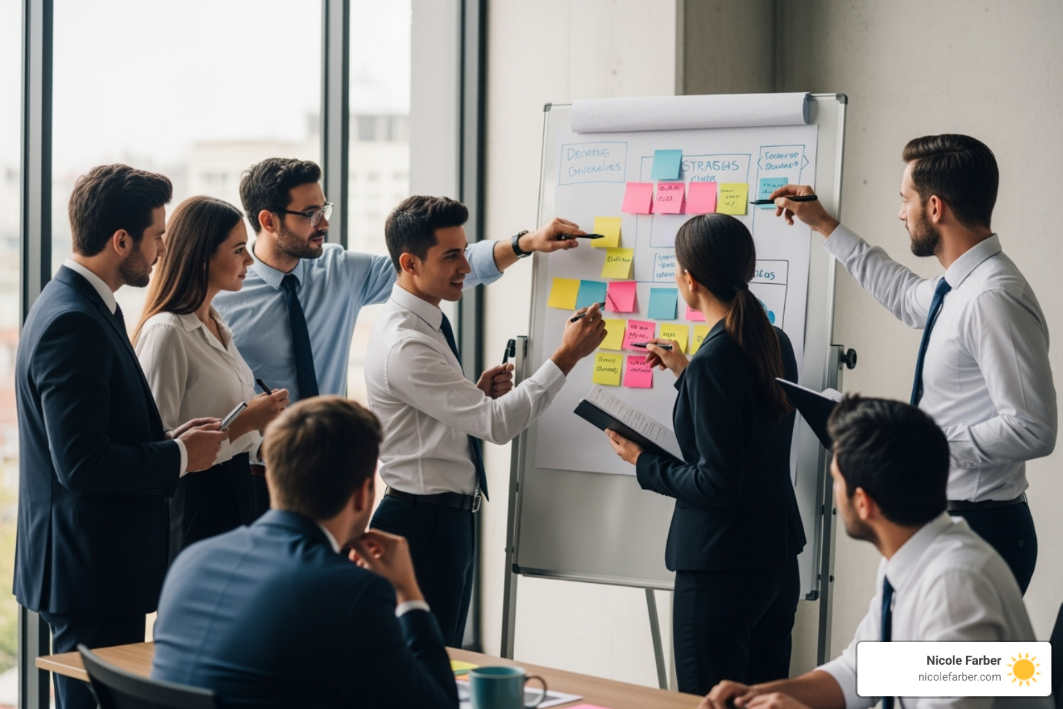 A diverse group of lawyers collaborating on a strategic plan, brainstorming ideas on a whiteboard with sticky notes. - law firm development A diverse group of lawyers collaborating on a strategic plan, brainstorming ideas on a whiteboard with sticky notes. - law firm development