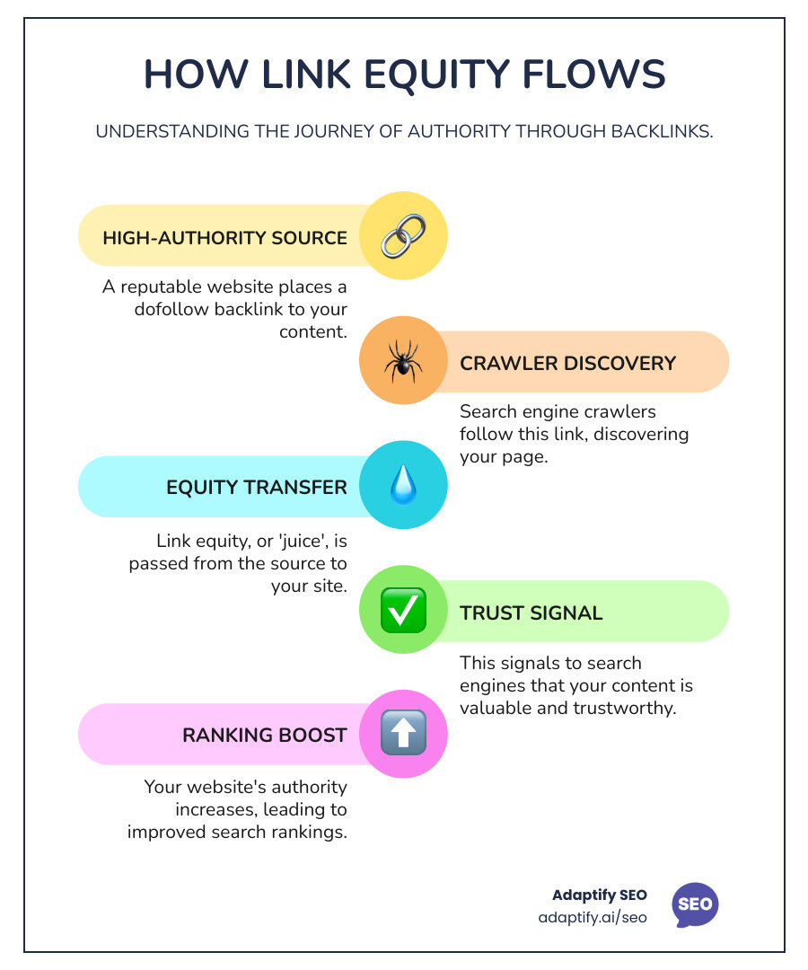 Infographic showing the flow of link equity from high-authority websites through backlinks to a target website, illustrating how Domain Authority transfers through dofollow links and contributes to search engine rankings - backlinks websites infographic infographic-line-5-steps-colors
