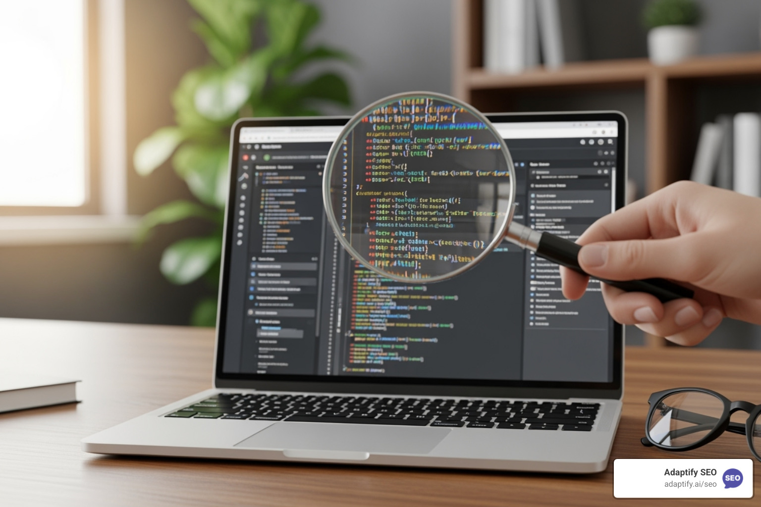 A magnifying glass inspecting a website, symbolizing the rigorous quality inspection required for identifying high-quality backlink opportunities - backlinks websites