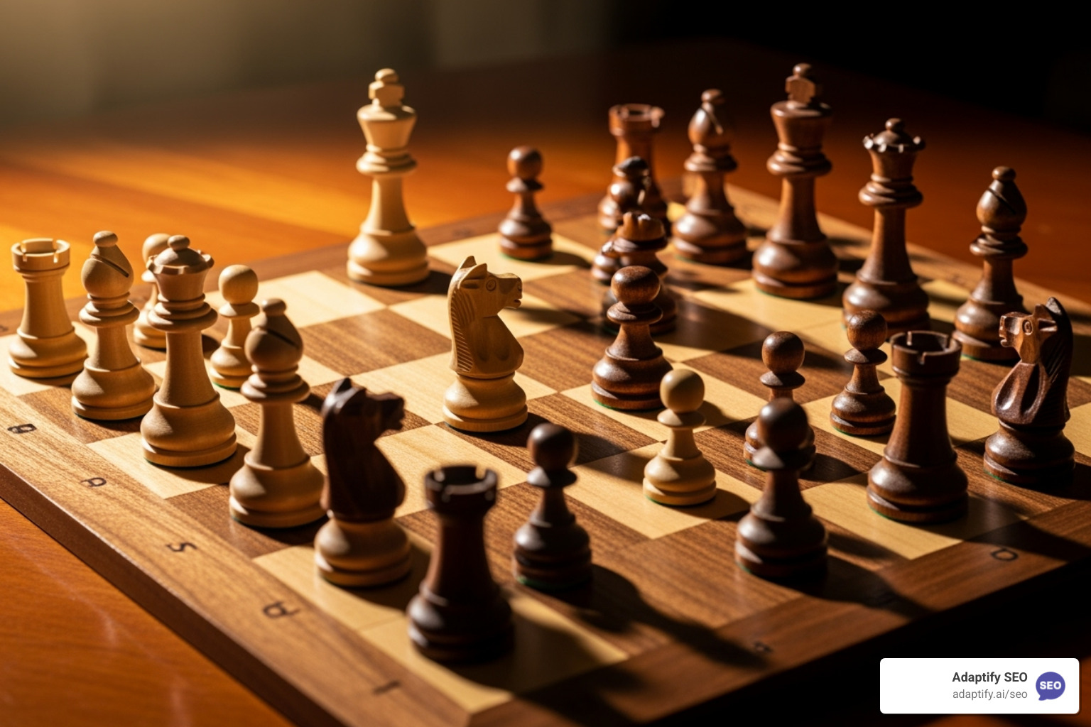 A chess board with chess pieces arranged strategically, representing the thoughtful and planned approach to modern SEO and link building strategies - backlinks websites