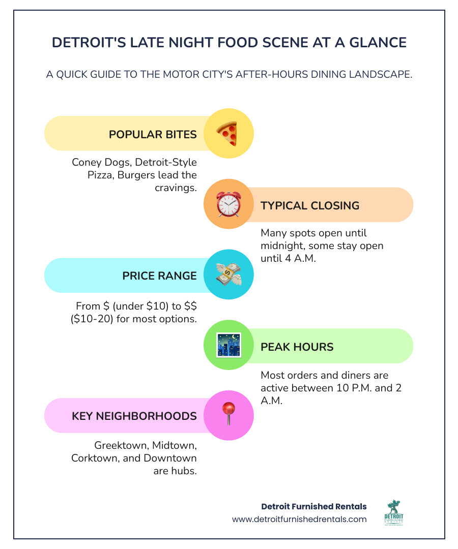 Infographic showing Detroit's late-night food landscape: most popular items are Coney Dogs, Detroit-Style Pizza, and Burgers; typical closing times range from midnight to 4 a.m.; price ranges from $ (under $10) to $$ ($10-20); peak ordering hours are 10 p.m. to 2 a.m.; and top neighborhoods include Greektown, Midtown, Corktown, and Downtown - Late night food infographic infographic-line-5-steps-colors