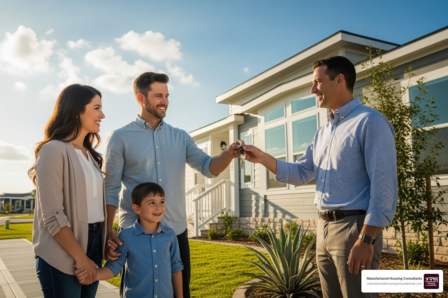A family happily receiving keys to their new manufactured home, with a consultant smiling in the background - move in ready homes A family happily receiving keys to their new manufactured home, with a consultant smiling in the background - move in ready homes