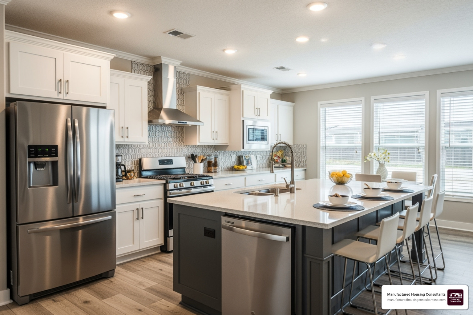 A modern kitchen in a double-wide manufactured home with stainless steel appliances, a large island, and ample cabinet space - move in ready homes A modern kitchen in a double-wide manufactured home with stainless steel appliances, a large island, and ample cabinet space - move in ready homes