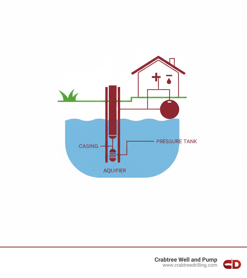 Infographic explaining the basic components of a private well system (well, casing, pump, pressure tank, supply line) - well drilling and service infographic 