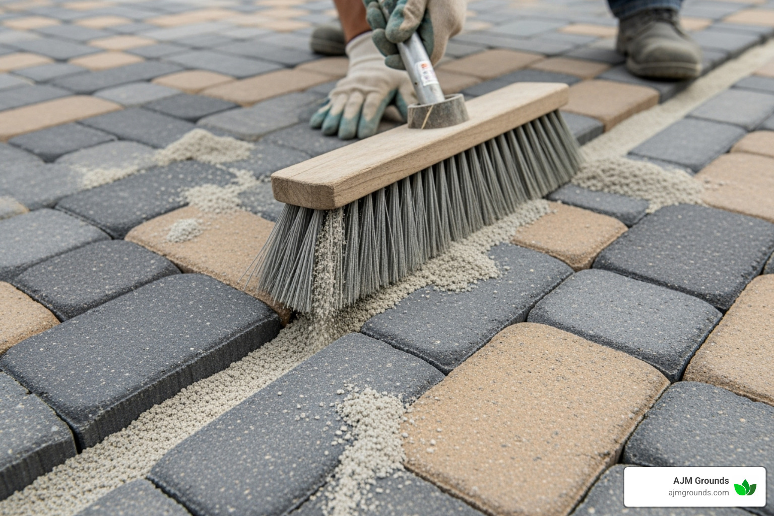 sweeping polymeric sand into paver joints - installing patio pavers over concrete