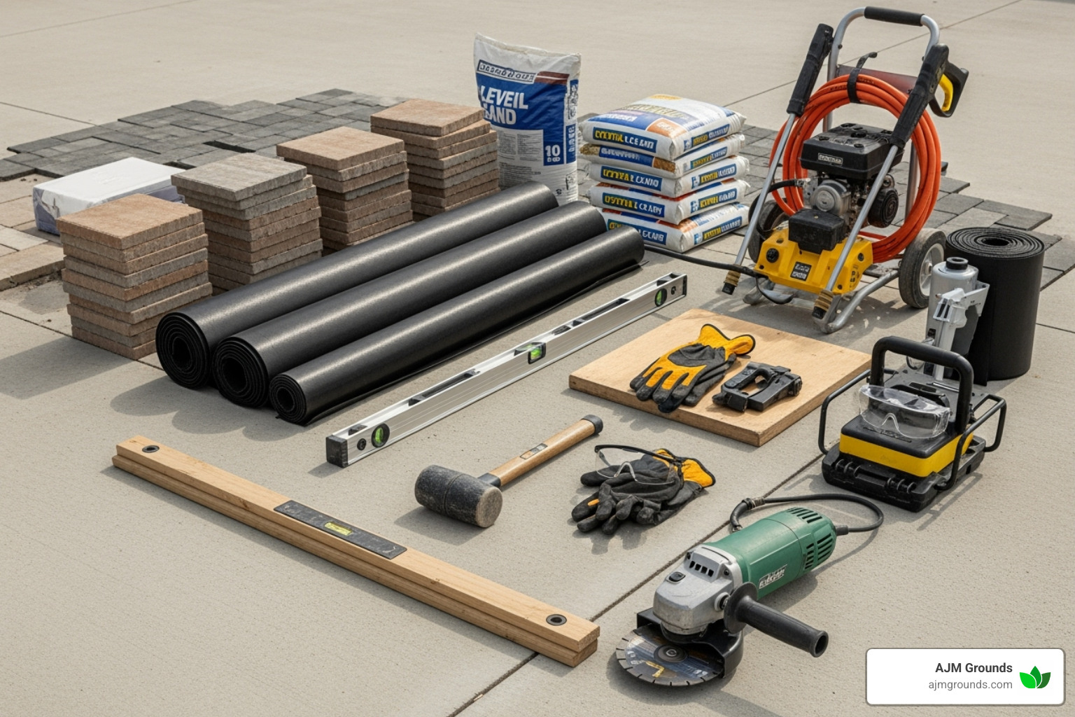 tools and materials needed for a paver overlay project - installing patio pavers over concrete