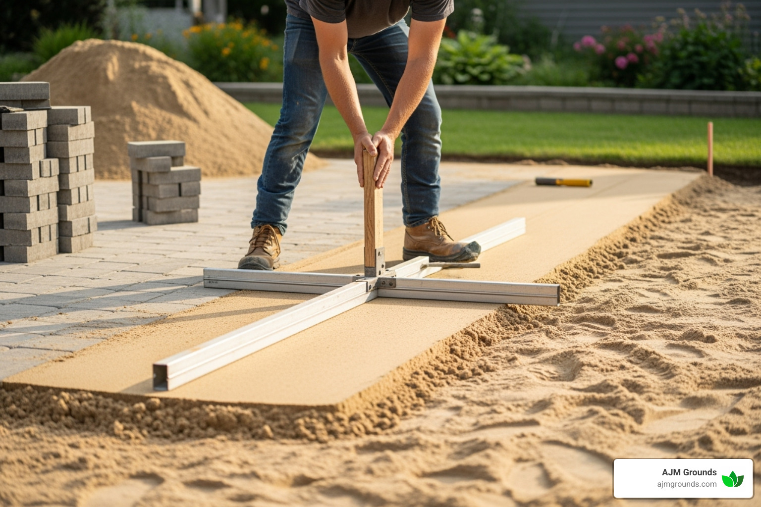person screeding the sand bed - installing patio pavers over concrete