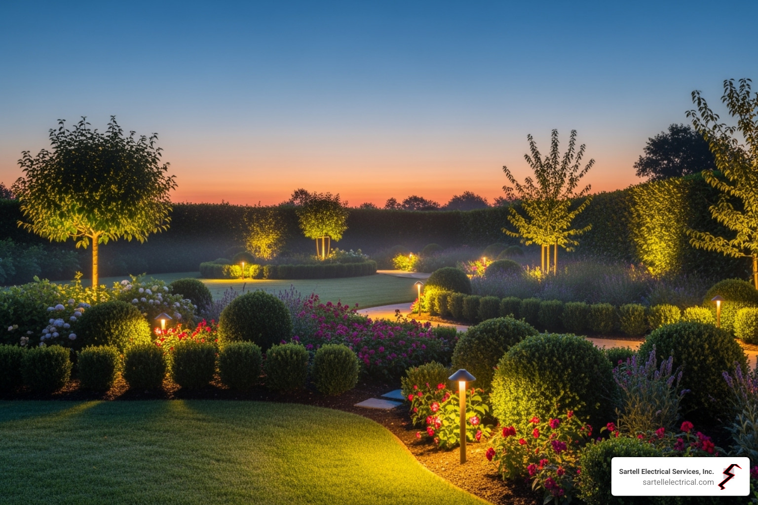 A well-maintained landscape lighting system with trimmed plants around the fixtures, showcasing proper upkeep and care. - outdoor lighting repairs