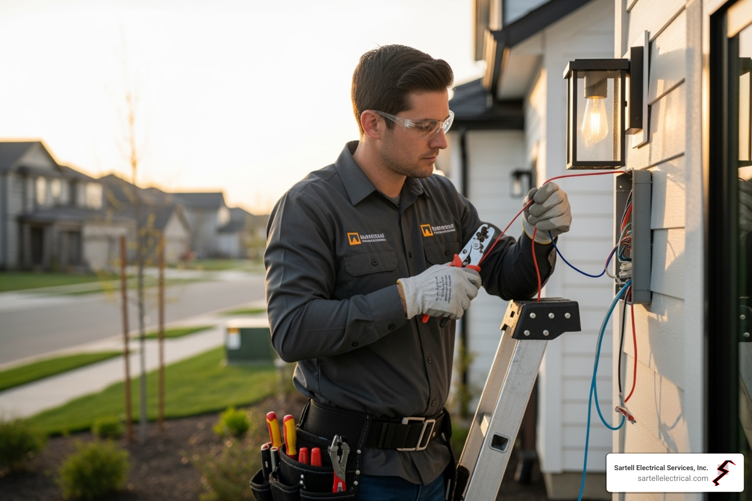 A professional electrician safely working on an outdoor lighting system's wiring, demonstrating expertise and adherence to safety protocols. - outdoor lighting repairs