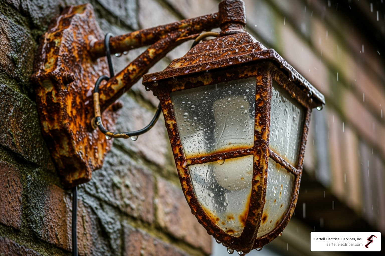 A corroded outdoor light fixture covered in moisture, showing signs of water damage and neglect. - outdoor lighting repairs