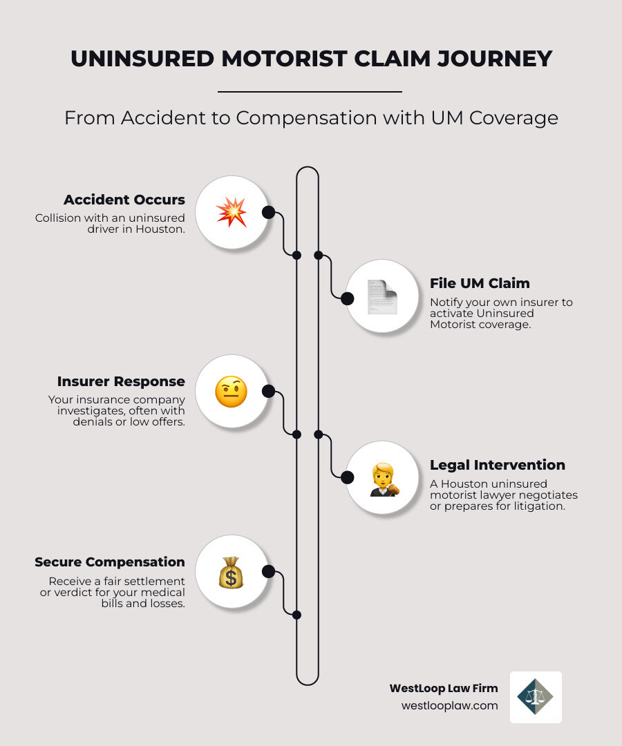 Infographic showing the path from uninsured motorist accident to compensation: accident occurs, driver has no insurance, you file UM claim with your own insurer, insurance investigates and may deny or lowball, lawyer negotiates or files lawsuit, you receive settlement or verdict - houston uninsured motorist lawyer infographic infographic-line-5-steps-elegant_beige Infographic showing the path from uninsured motorist accident to compensation: accident occurs, driver has no insurance, you file UM claim with your own insurer, insurance investigates and may deny or lowball, lawyer negotiates or files lawsuit, you receive settlement or verdict - houston uninsured motorist lawyer infographic infographic-line-5-steps-elegant_beige