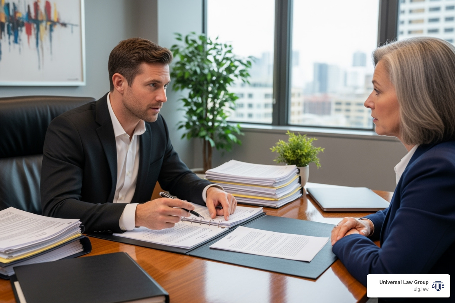 Lawyer meeting with a client, reviewing documents in a modern office setting - Personal injury legal advice