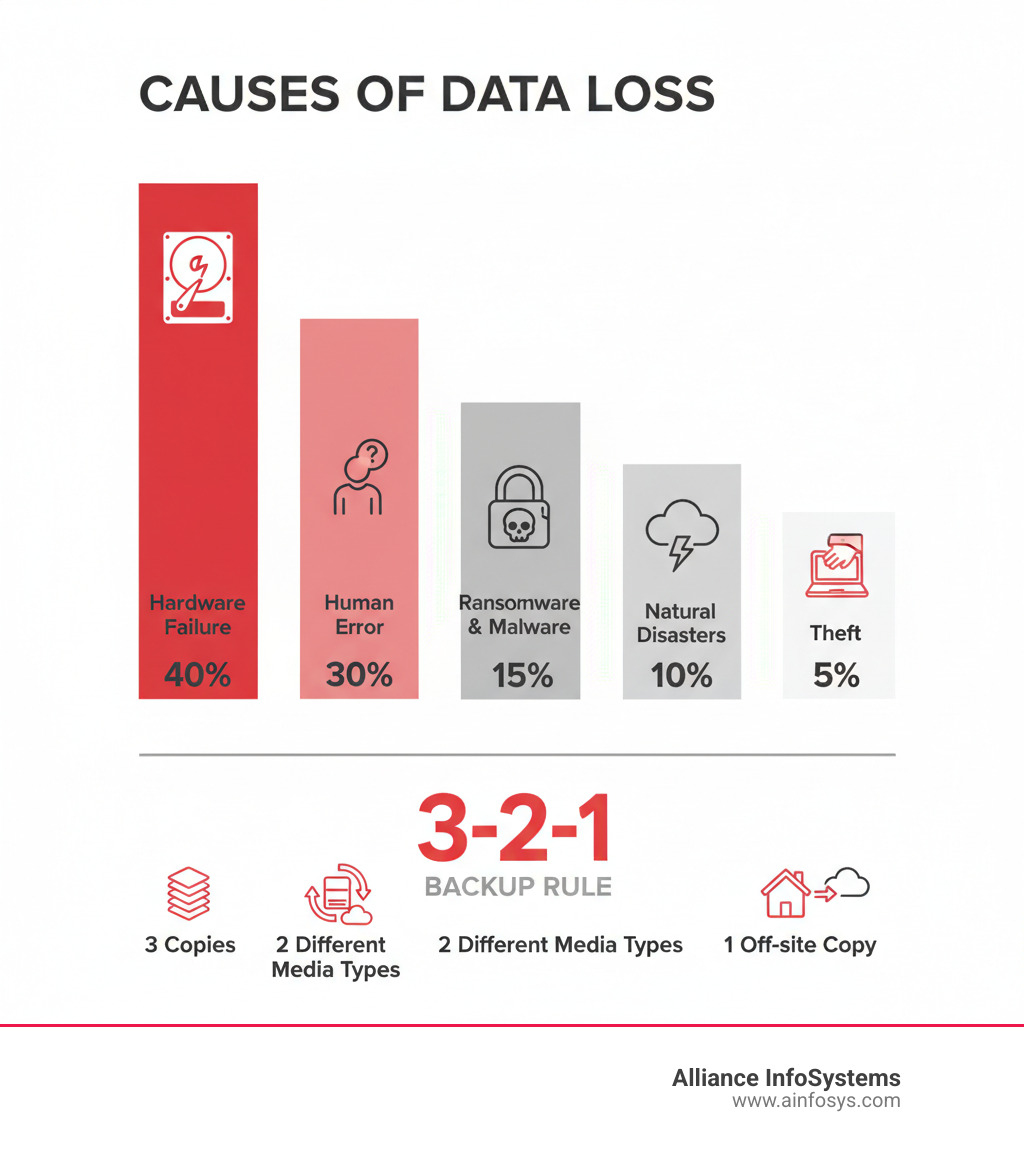 infographic showing the most common causes of data loss including hardware failure at 40%, human error at 30%, ransomware and malware at 15%, natural disasters at 10%, and theft at 5%, with icons representing each category and the 3-2-1 backup rule at the bottom - back up data from hard drive infographic infographic showing the most common causes of data loss including hardware failure at 40%, human error at 30%, ransomware and malware at 15%, natural disasters at 10%, and theft at 5%, with icons representing each category and the 3-2-1 backup rule at the bottom - back up data from hard drive infographic