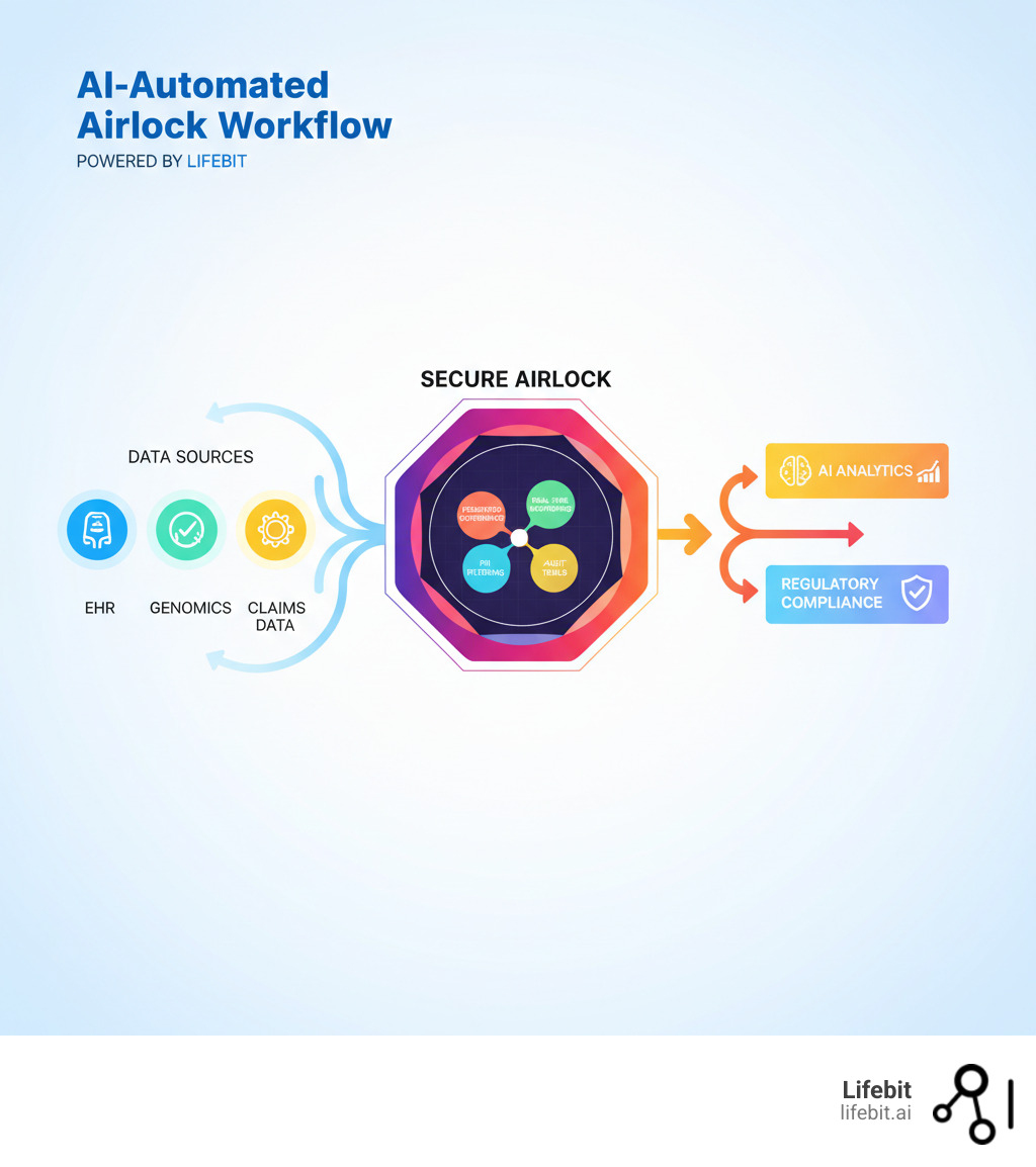 Infographic showing the AI-Automated Airlock workflow: data sources on the left (EHR, genomics, claims data) flowing through a secure airlock gateway in the center with key features (federated governance, real-time monitoring, PII filtering, audit trails) to AI analytics and regulatory compliance outputs on the right - AI-Automated Airlock infographic Infographic showing the AI-Automated Airlock workflow: data sources on the left (EHR, genomics, claims data) flowing through a secure airlock gateway in the center with key features (federated governance, real-time monitoring, PII filtering, audit trails) to AI analytics and regulatory compliance outputs on the right - AI-Automated Airlock infographic