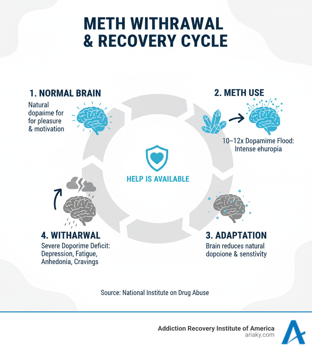 Infographic showing the cycle of methamphetamine use and withdrawal: Normal brain produces dopamine naturally for pleasure and motivation; Meth floods the brain with 10-12x normal dopamine levels creating intense euphoria; Brain reduces natural dopamine production and receptor sensitivity as adaptation; When meth use stops, severe dopamine deficit causes withdrawal symptoms including depression, fatigue, anhedonia, and intense cravings; With abstinence and treatment, brain chemistry gradually recovers over weeks to months - Meth withdrawal help infographic 