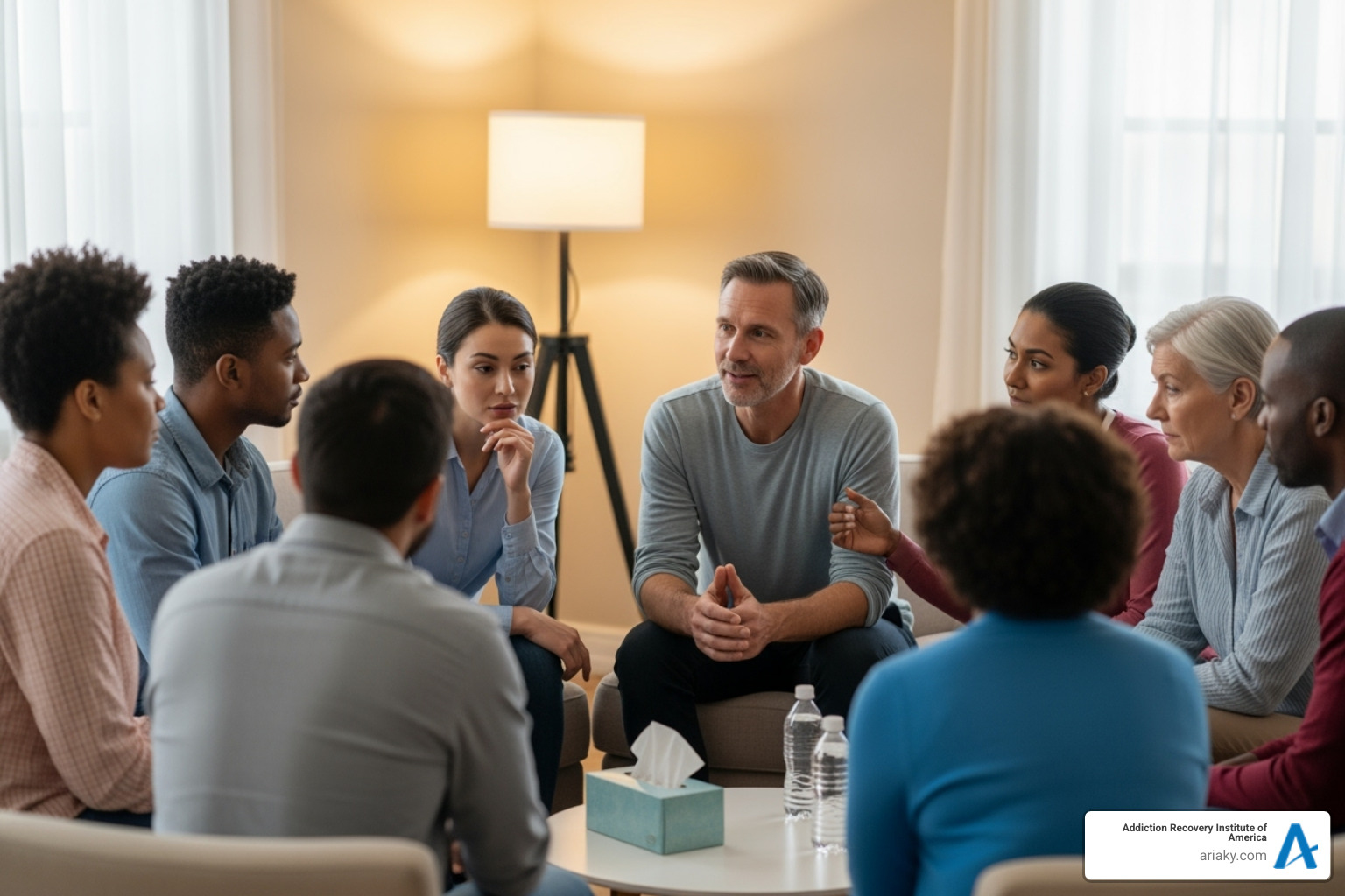 image of a diverse support group meeting, with people talking and listening attentively, symbolizing community and shared recovery. - Meth withdrawal help