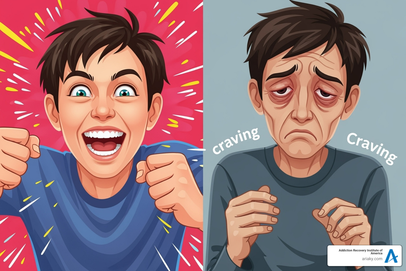 Illustration showing a person experiencing the intense euphoria of meth use on one side, contrasted with a person suffering from fatigue, depression, and cravings on the other side, representing the crash and withdrawal phase. - Meth withdrawal help