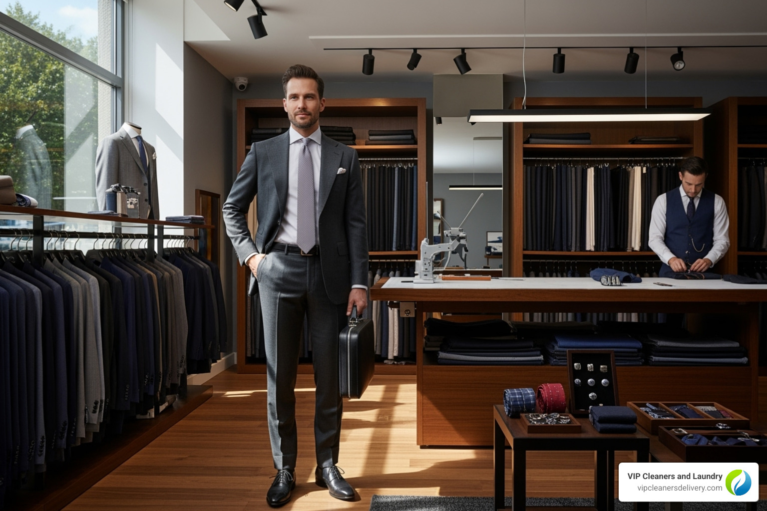 A person looking confident and happy in a perfectly custom outfit, radiating success and poise - urgent tailoring near me