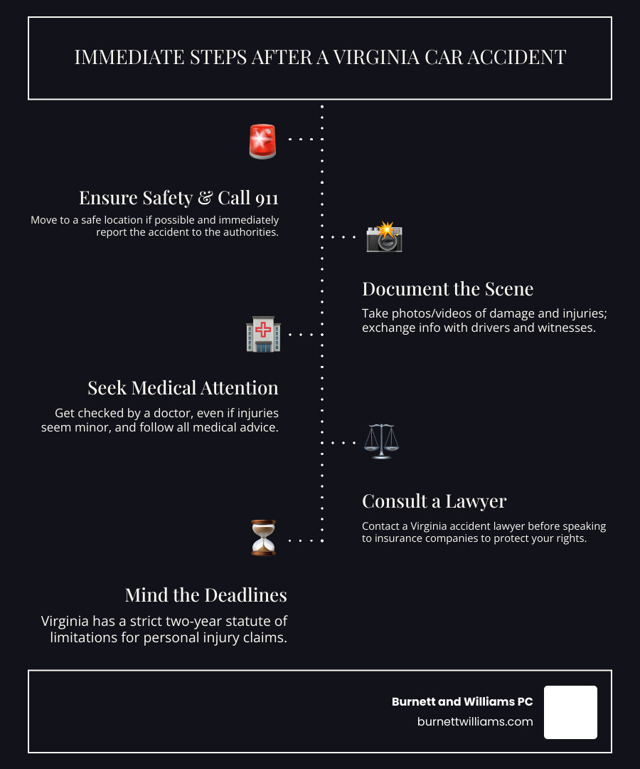 infographic showing steps after a Virginia car accident: ensure safety, call 911, document the scene with photos, exchange information with other drivers, seek medical attention, contact a Virginia accident lawyer before speaking to insurance companies, and remember Virginia's two-year filing deadline - accident lawyer auto infographic infographic-line-5-steps-dark infographic showing steps after a Virginia car accident: ensure safety, call 911, document the scene with photos, exchange information with other drivers, seek medical attention, contact a Virginia accident lawyer before speaking to insurance companies, and remember Virginia's two-year filing deadline - accident lawyer auto infographic infographic-line-5-steps-dark