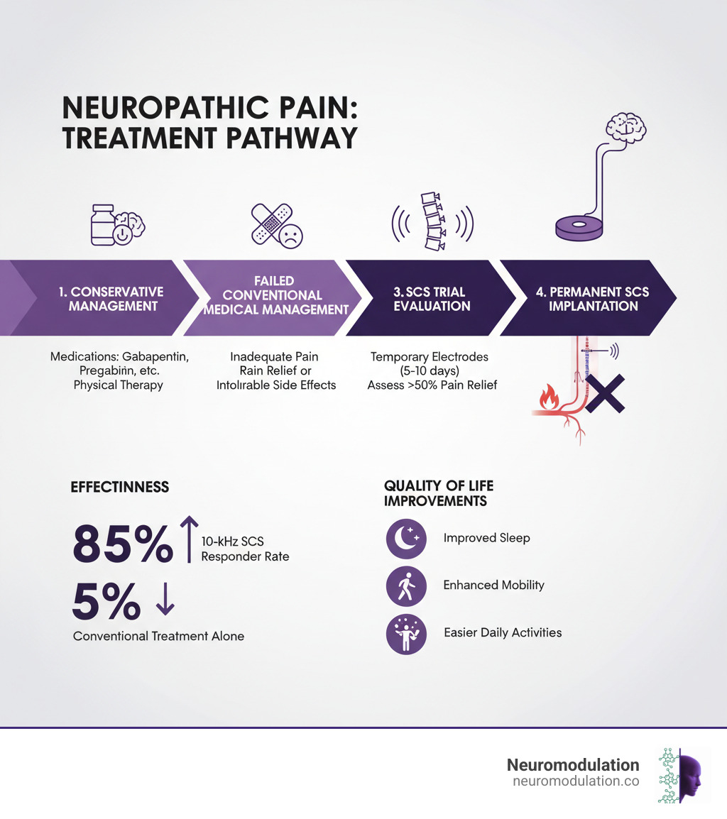 Comprehensive infographic showing the treatment pathway for neuropathic pain, starting with conservative management including medications like gabapentin and pregabalin, progressing through failed conventional medical management, then to SCS trial evaluation with temporary electrode placement for 5-10 days, and finally to permanent SCS implantation for responders achieving greater than 50% pain relief. The infographic includes illustrations of the spinal cord, device components including the implantable pulse generator and leads, and shows how electrical pulses interrupt pain signals traveling from damaged peripheral nerves to the brain. Statistics are included showing 85% responder rates with 10-kHz SCS versus 5% with conventional treatment alone, along with quality of life improvements in sleep, mobility, and daily activities. - SCS for neuropathy infographic Comprehensive infographic showing the treatment pathway for neuropathic pain, starting with conservative management including medications like gabapentin and pregabalin, progressing through failed conventional medical management, then to SCS trial evaluation with temporary electrode placement for 5-10 days, and finally to permanent SCS implantation for responders achieving greater than 50% pain relief. The infographic includes illustrations of the spinal cord, device components including the implantable pulse generator and leads, and shows how electrical pulses interrupt pain signals traveling from damaged peripheral nerves to the brain. Statistics are included showing 85% responder rates with 10-kHz SCS versus 5% with conventional treatment alone, along with quality of life improvements in sleep, mobility, and daily activities. - SCS for neuropathy infographic
